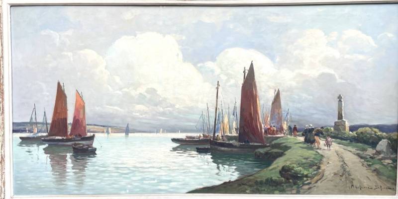 Huile sur toile. Retour de pêche en Bretagne. Marine